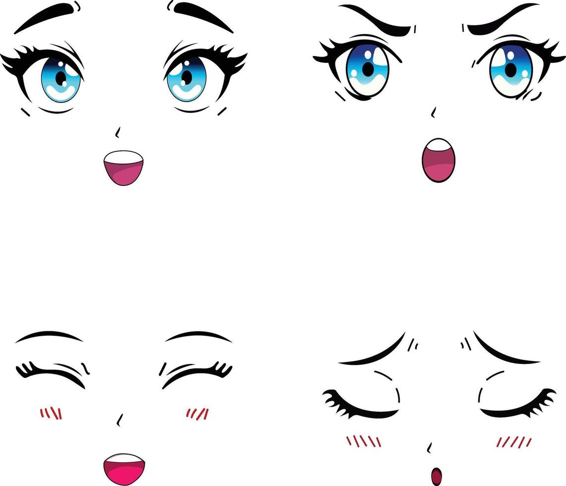 Set of anime manga face expressions isolated on a white background illustration vector