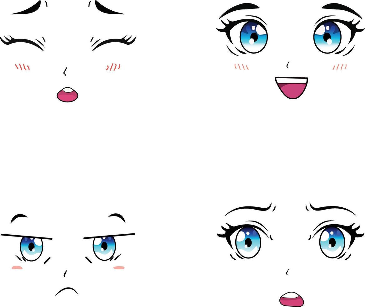 Cute Kawaii face expressions set isolated on a white background illustration vector