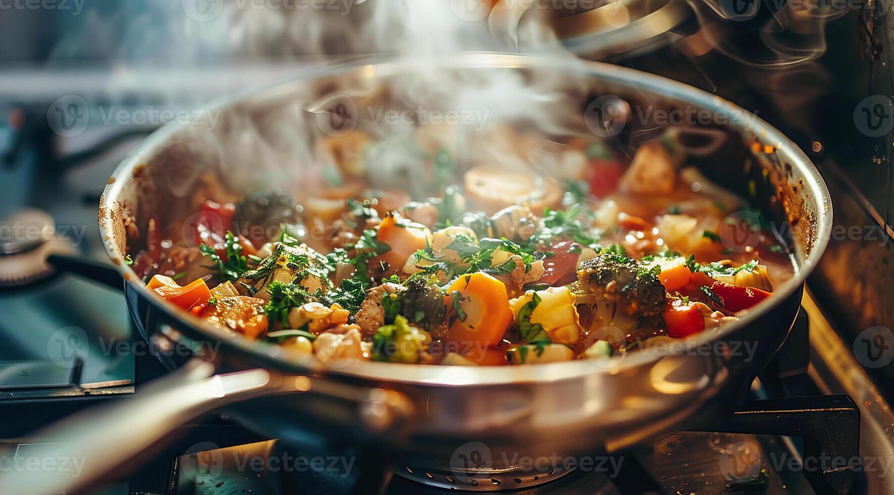 Tasty beef stew with steam on a frying pan ready to be served for family dinner photo
