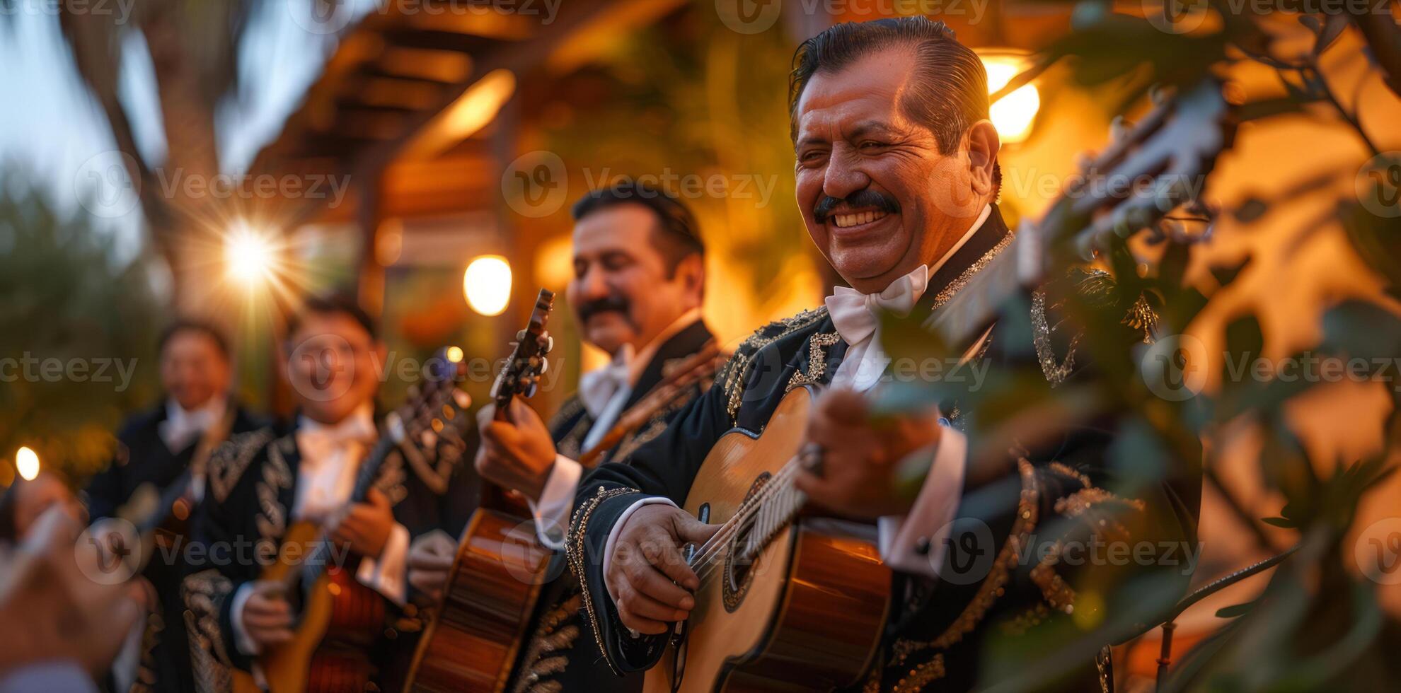Mariachi Mexican musician band play during festive event on Mexican street in traditional costume photo