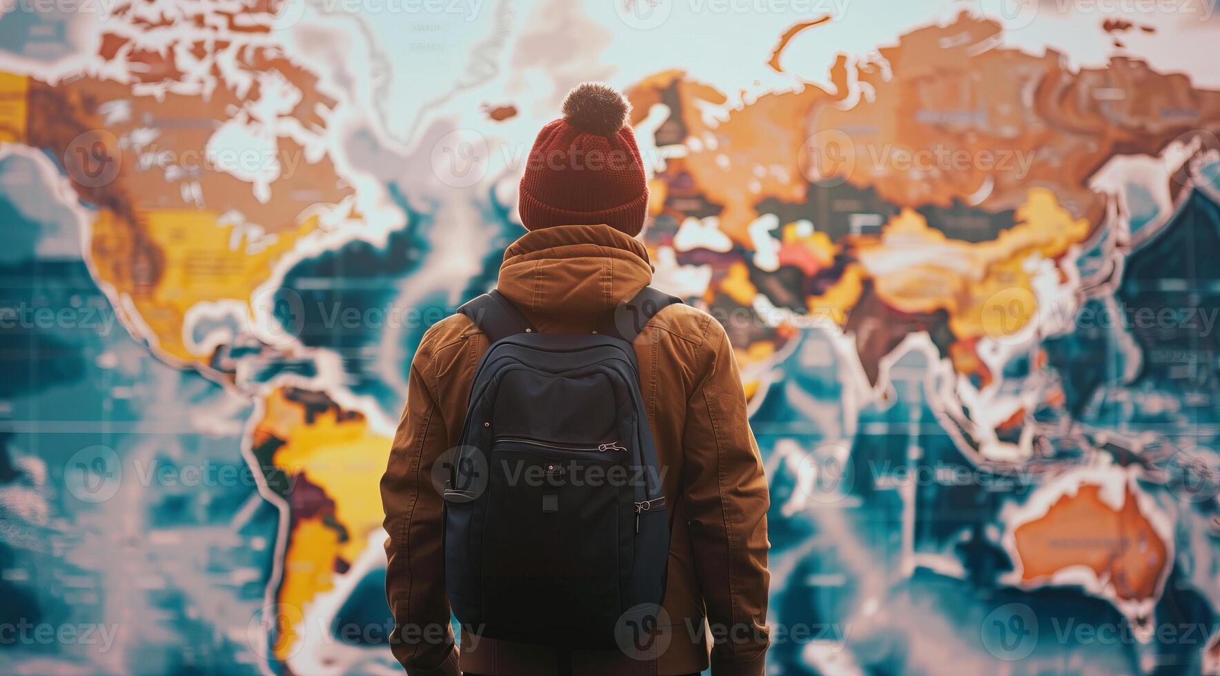 Concept of readiness for travel. Man standing in front of a world map photo