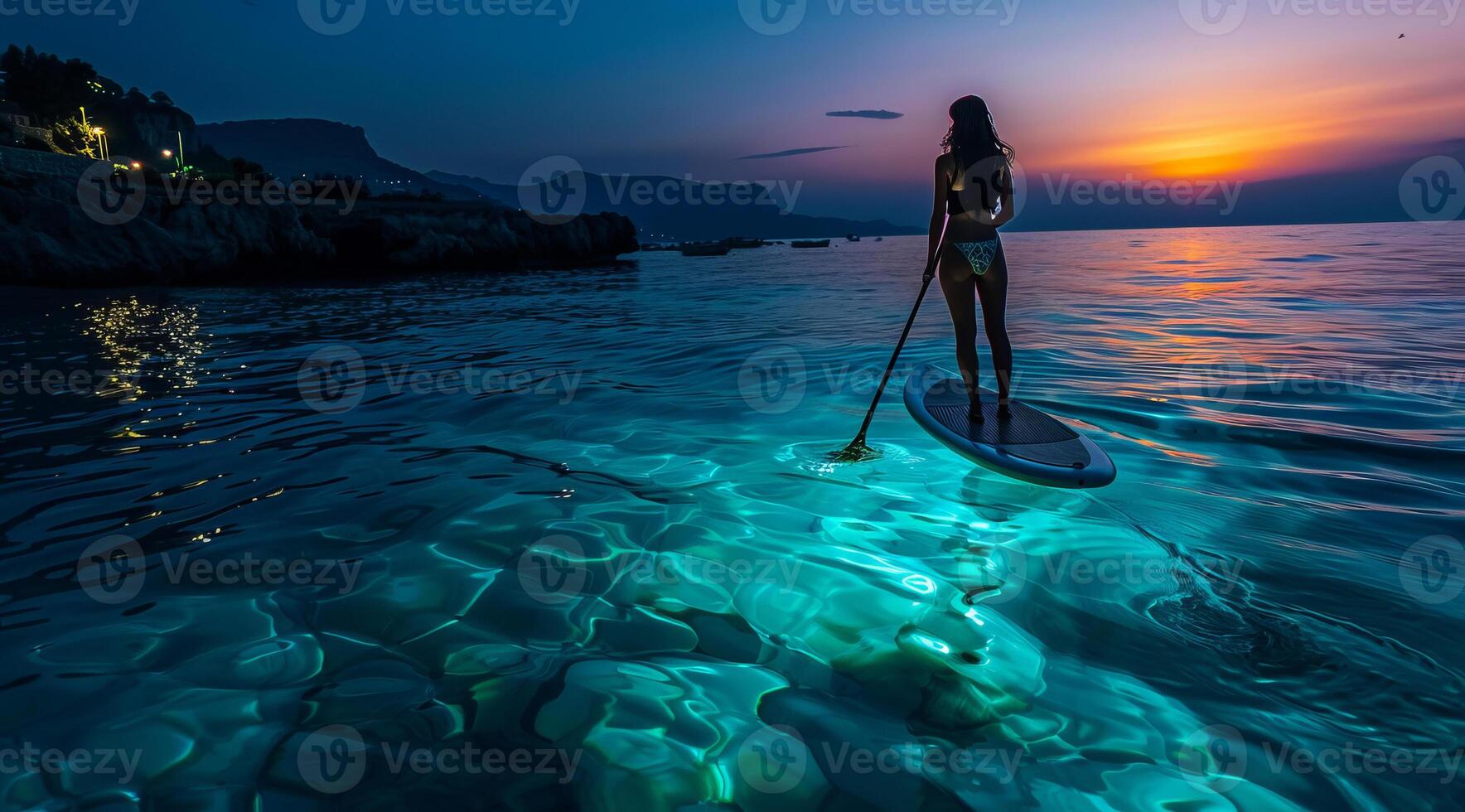 SUP paddling, Young attractive lady on a stand up paddle on serene beautiful lake at sunset photo