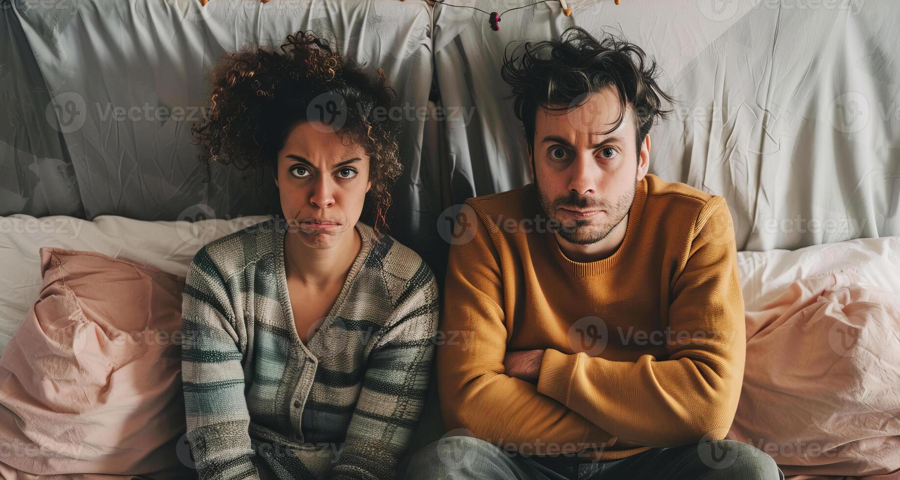 Married couple arguing in bed angry at each other trying to solve marriage problems. Negativity. photo