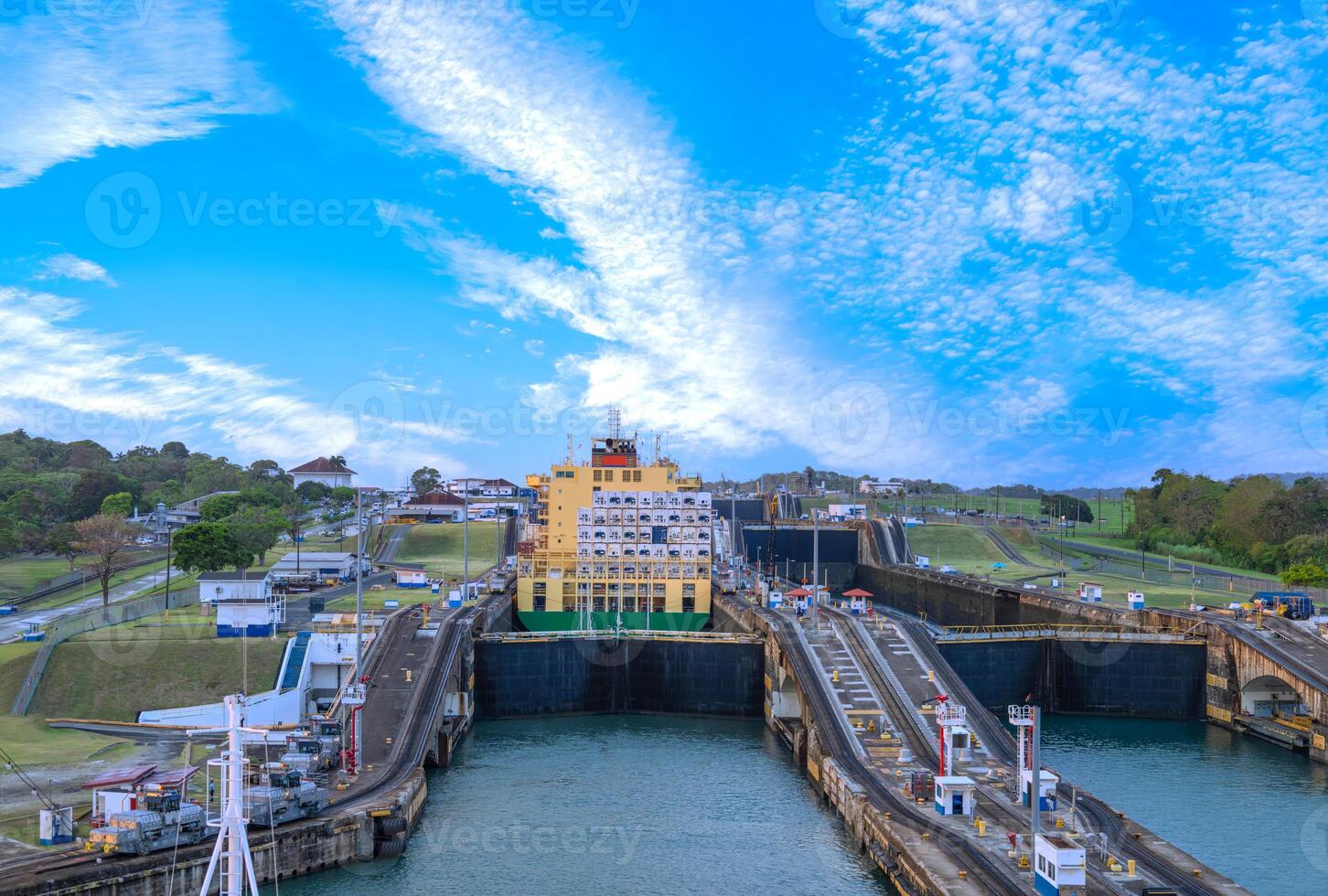 Panama Canal with locks connecting Atlantic and Pacific for global commerce shipments navigation photo