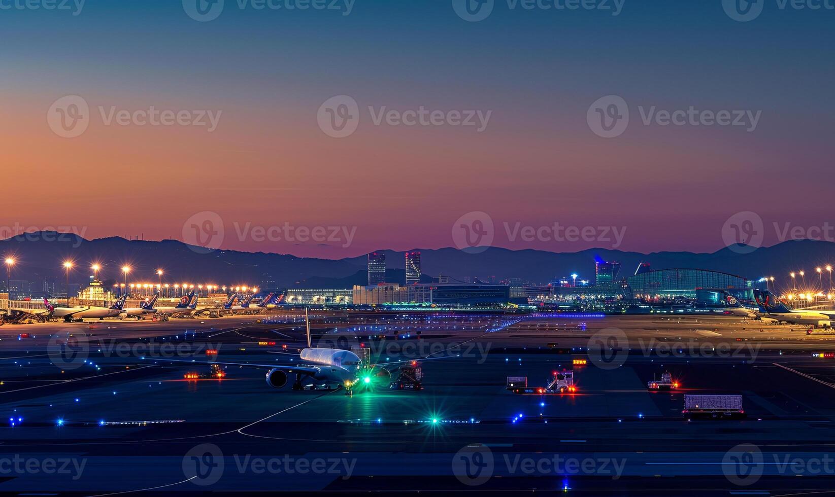 Aerial view international airport terminal, planes departing to multiple international locations photo