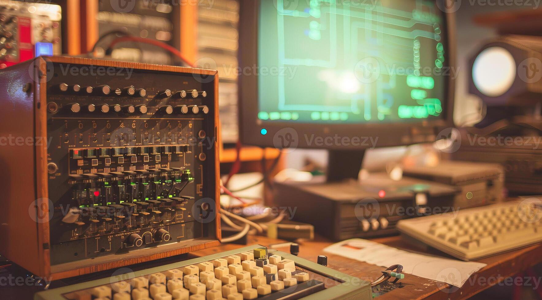 Very old computer keyboard and terminal photo