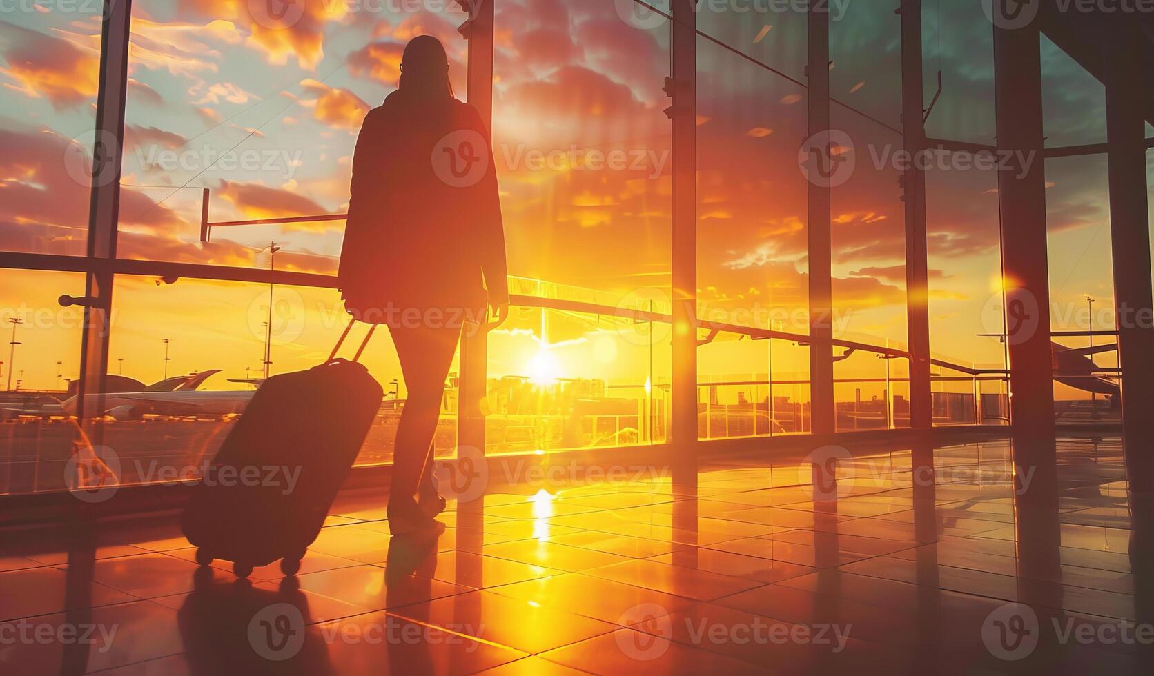 Passenger about to board the plane to go on vacation. Airport at sunset photo