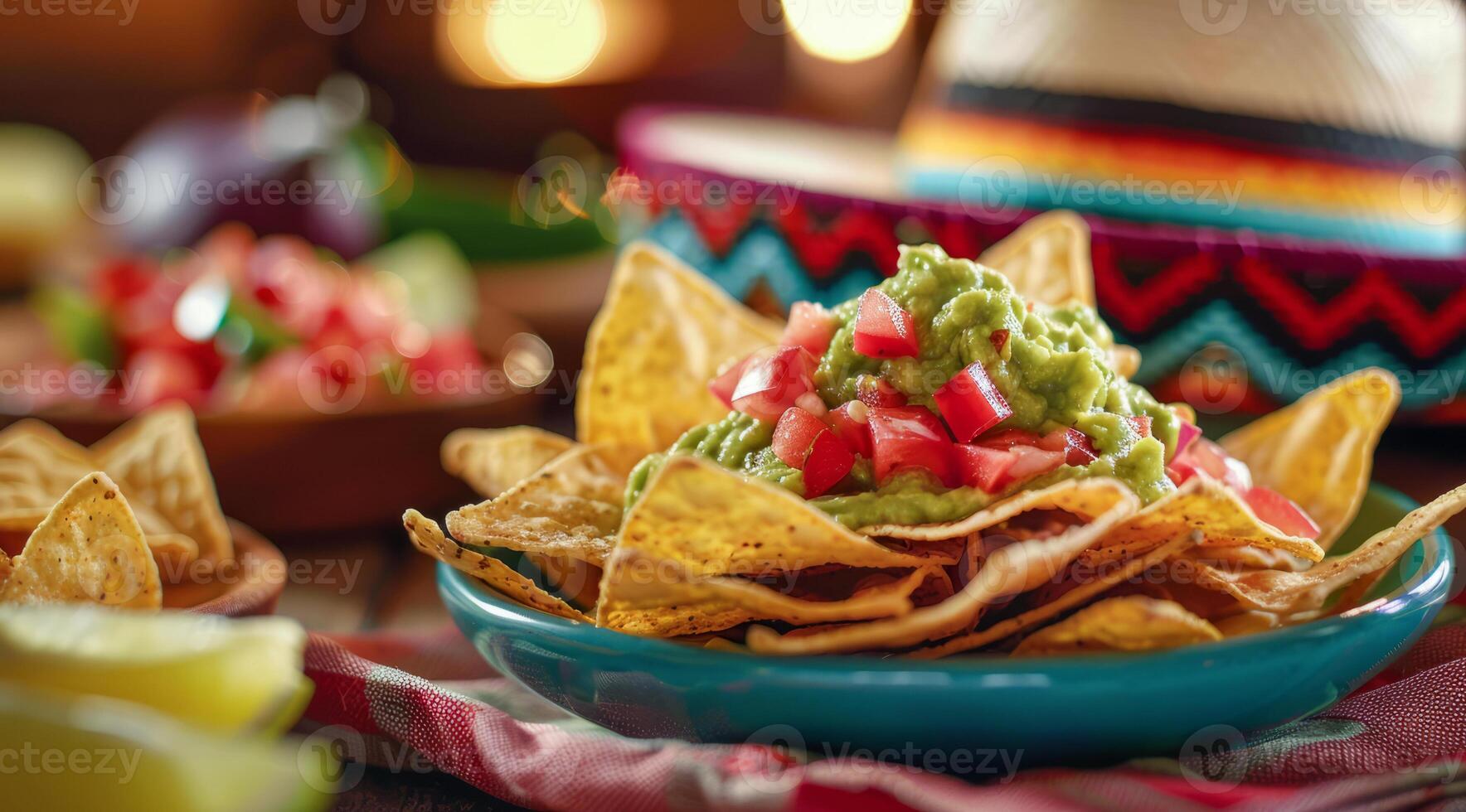 Mexican traditional nachos with avocado jalapeno guacamole and tomato salsa photo