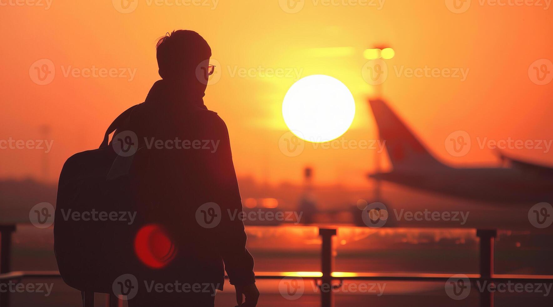 Passenger about to board the plane to go on vacation. Airport at sunset photo