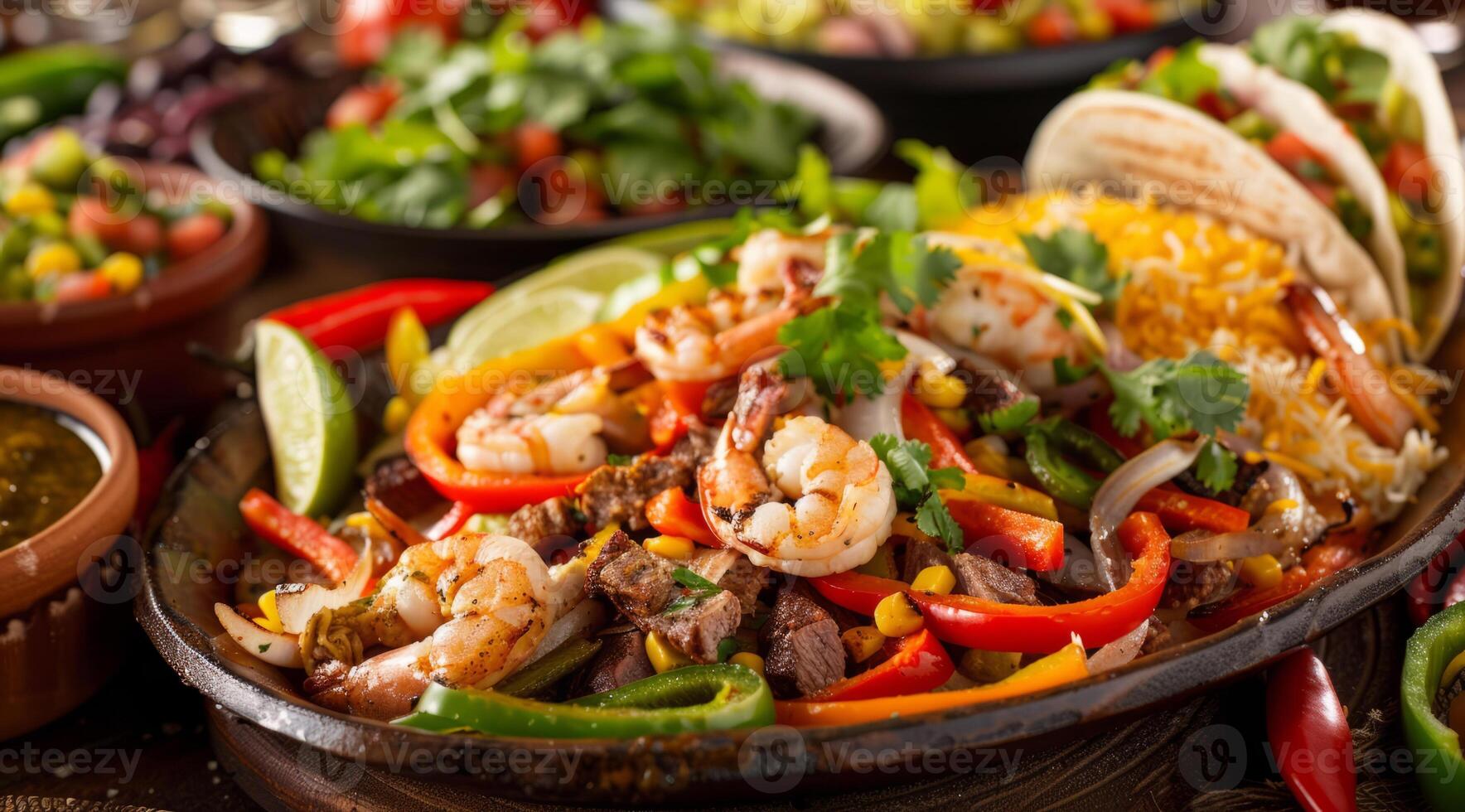 Mexican cuisine, combo food of beef, chicken fajitas and shrimp photo
