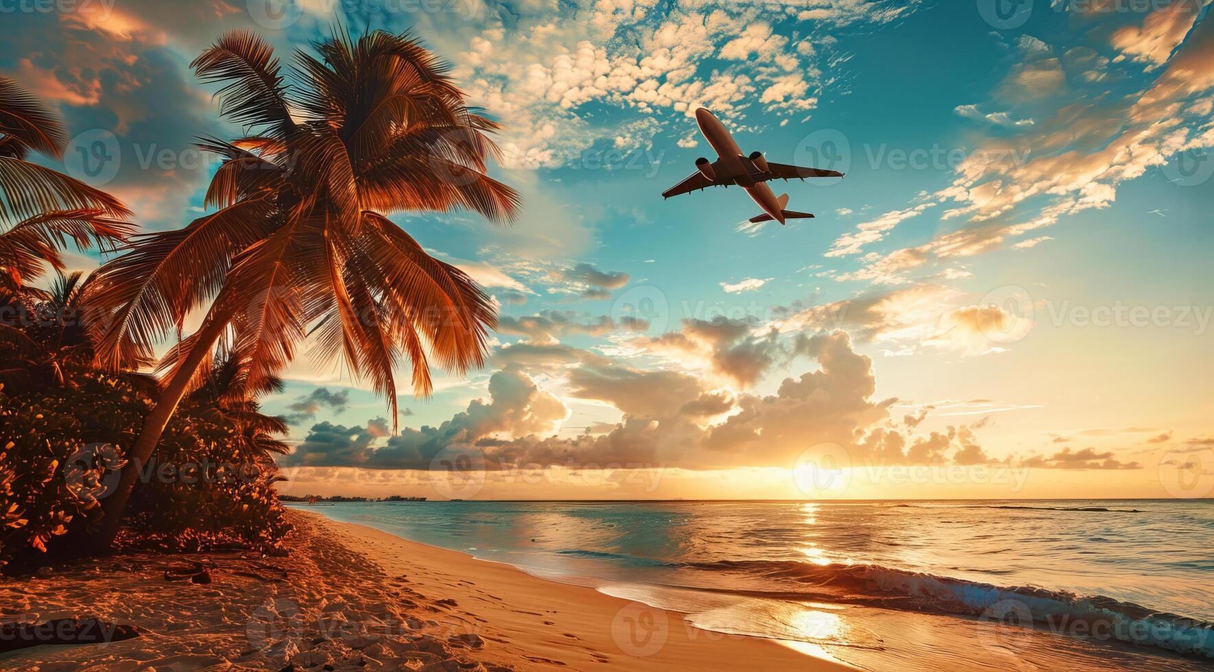 Concept of readiness for travel. Plane flying over sunset beach ocean shore photo