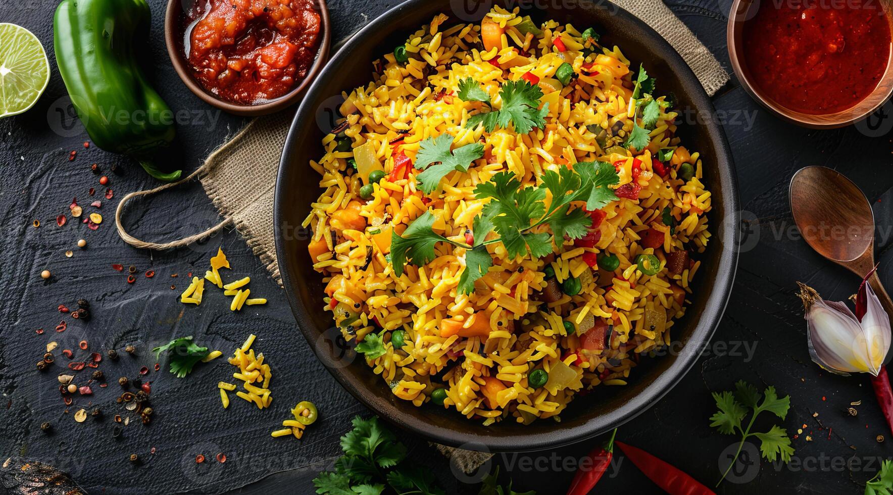 Healthy mexican food. Yellow rice with chili and sauces. Flat lay view photo
