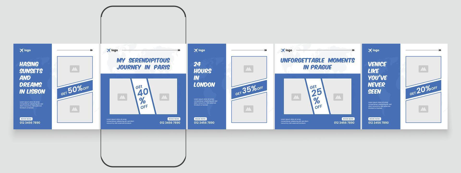 Blue travel social media carousel banner template. tour banner carousel for social media vector