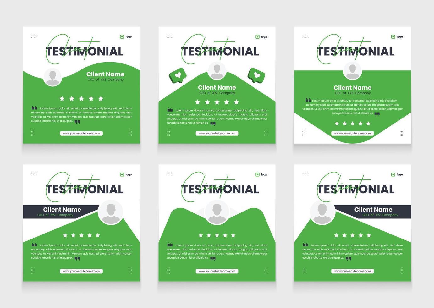 Green client testimonial banner design set . Customer review or rating template bundle. vector