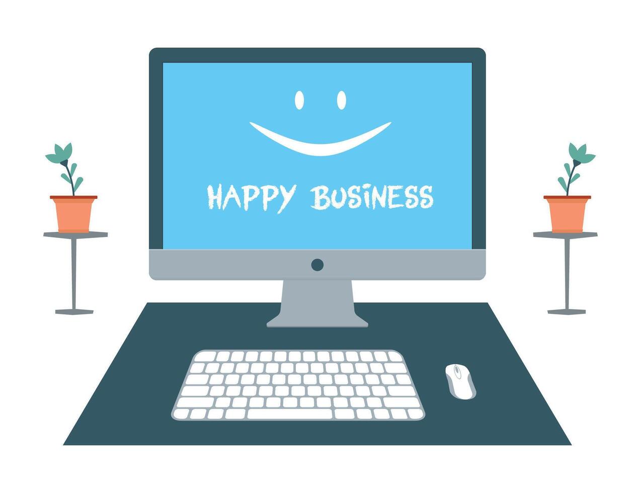 Mac computer monitor blank display screen with flower pot for happy business mode. Desktop, laptop, mac book mockup, pc, mouse, keyboard flat illustration vector
