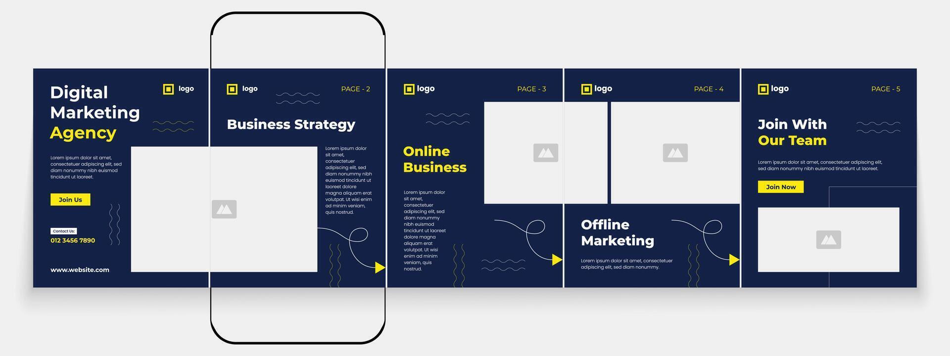Set of marketing agency carousel post template design. Digital marketing banner for social media template vector