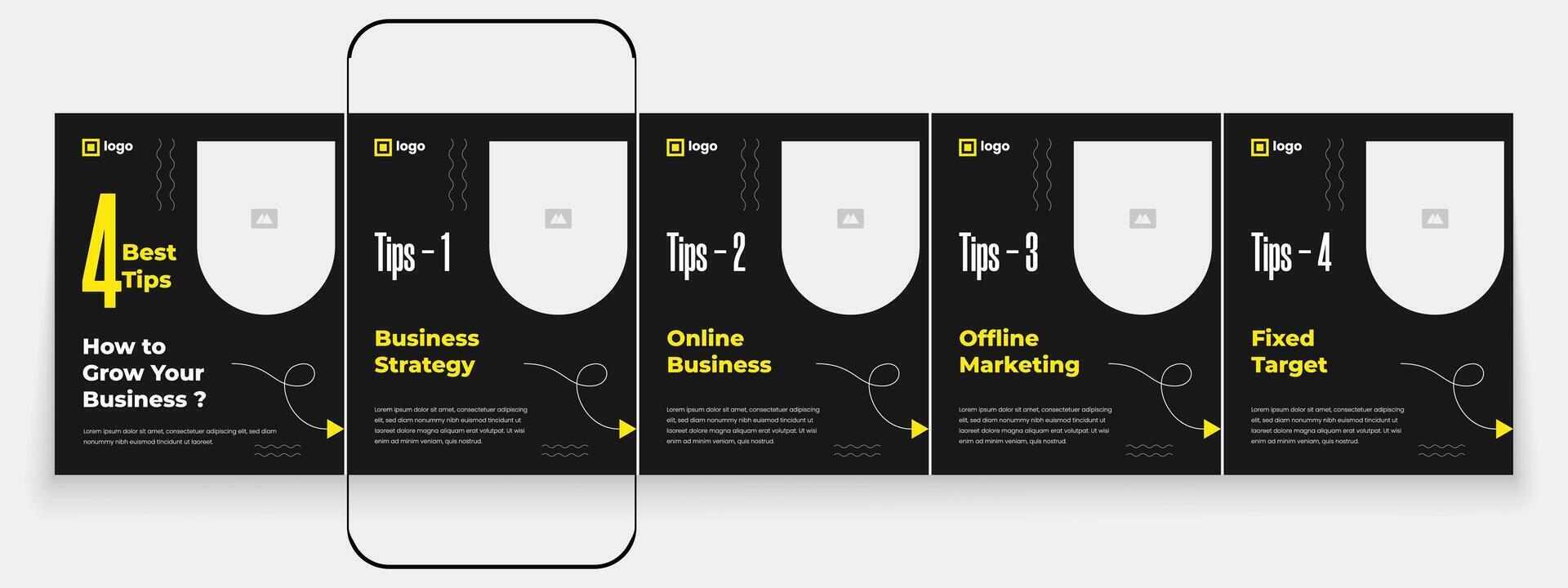 Black marketing carousel post template for sharing tips on social media. Digital marketing social media carousel template vector