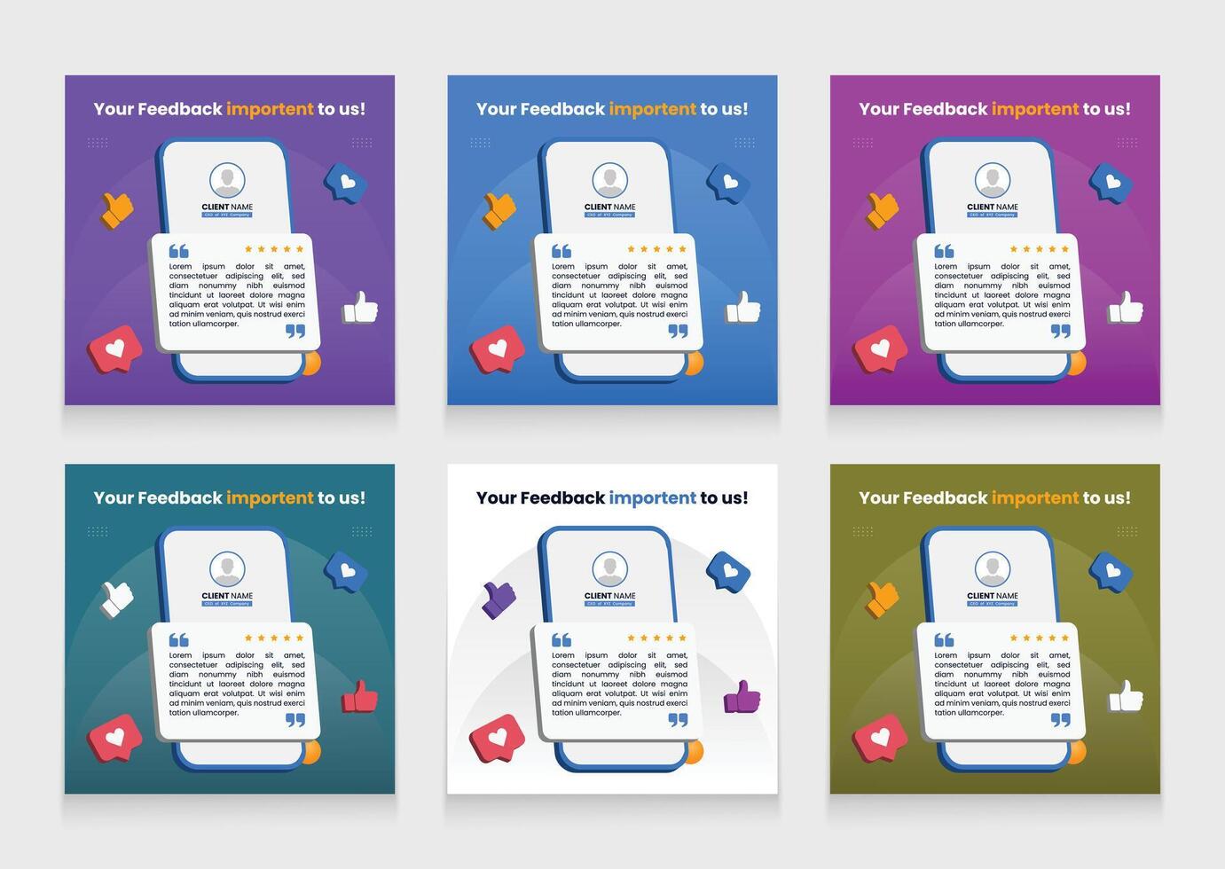 Modern testimonial template pack with mobile phone mockup. editable carousel template design. seller review social media post bundle. vector