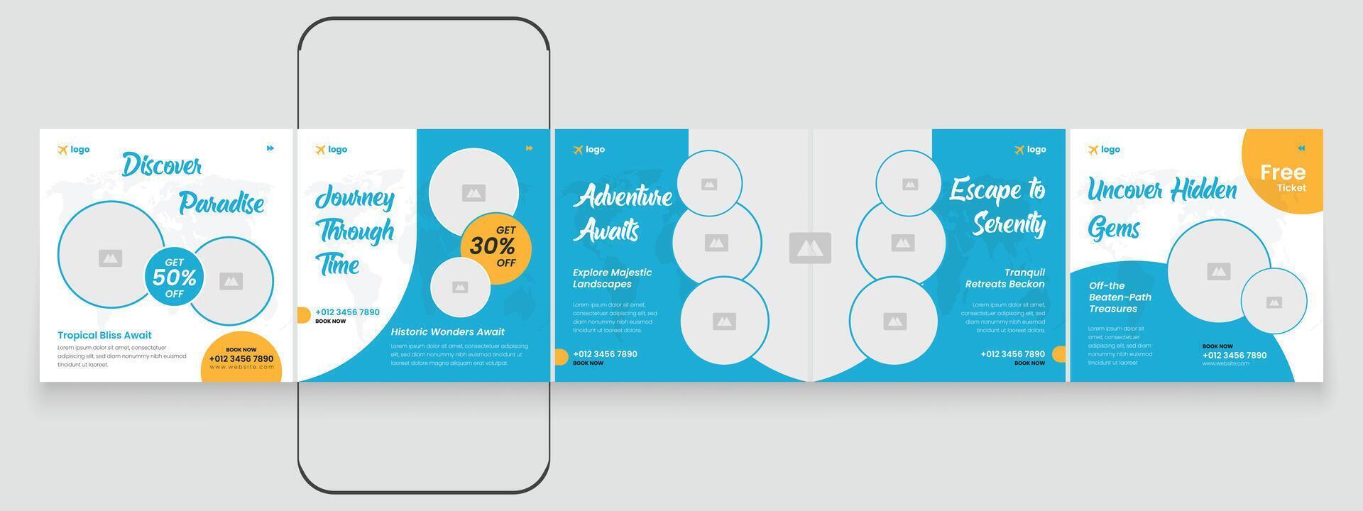 Creative and simple travel social media carousel banner. Holiday carousel template vector