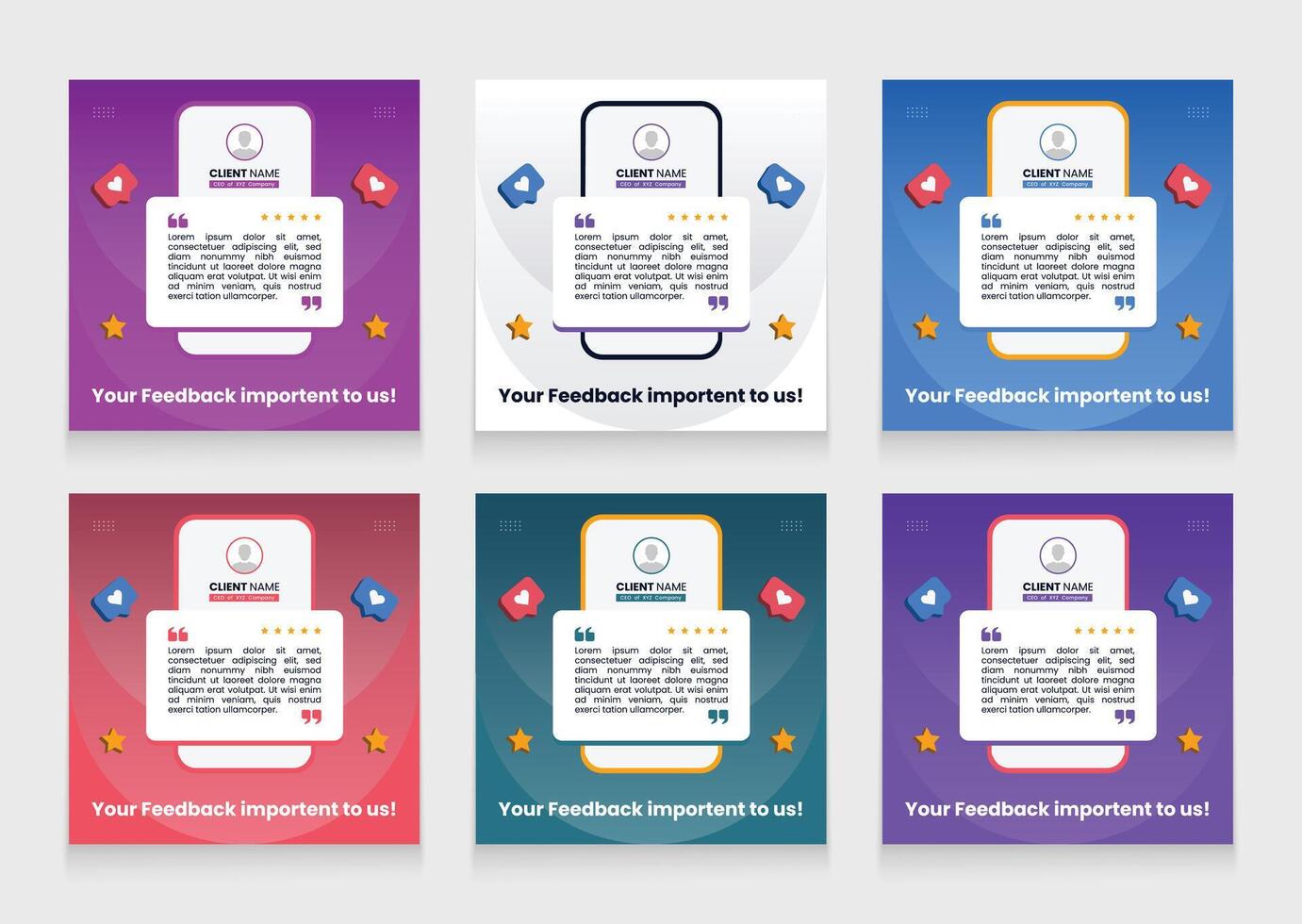Modern testimonial template pack. editable carousel template design. seller review social media post bundle. vector