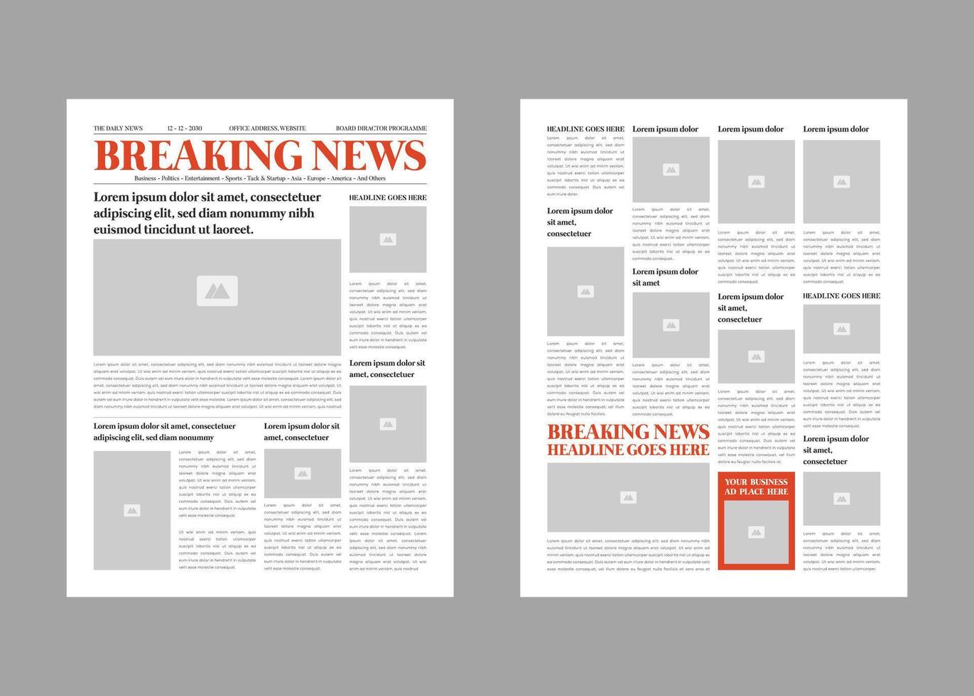 Breaking news magazine with text and picture placeholder layout template vector
