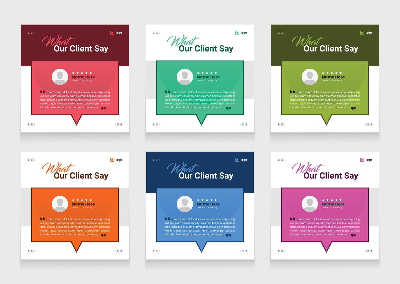 Modern client testimonial banner template pack. customer review social media post bundle. seller rating social media carousel template design vector
