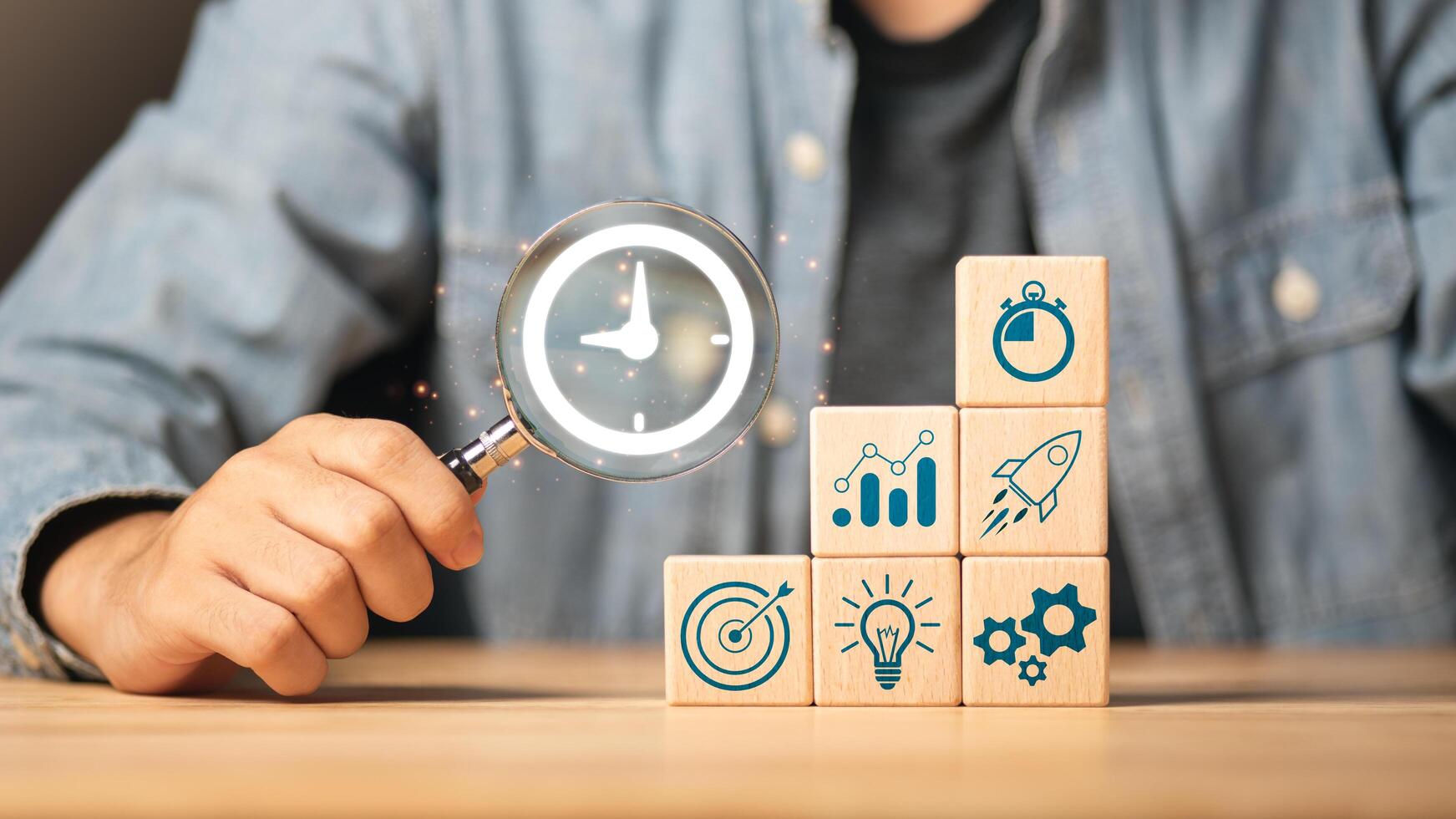 Businessman showing virtual icon in hand, time management concept, effective business planning, time management in the organization, Agreement and solution ,Business Goals photo
