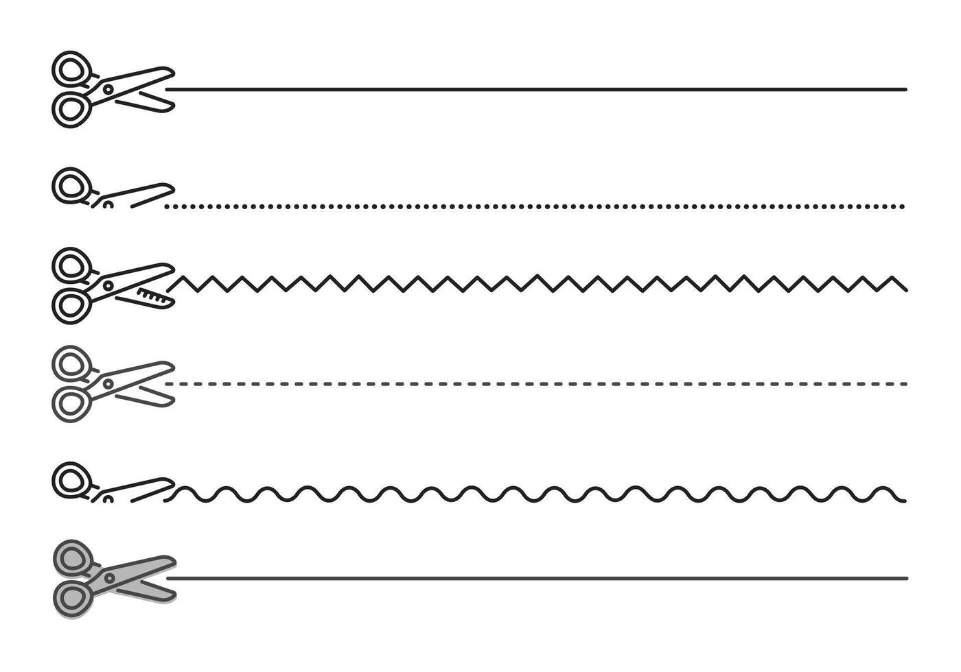Scissors and cutting lines set, cut line across the paper page, black editable stroke, simple monochrome illustration collection vector