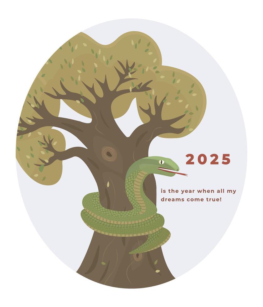 2025 year symbol, green snake wraps around a tree, color illustration with optimistic text vector
