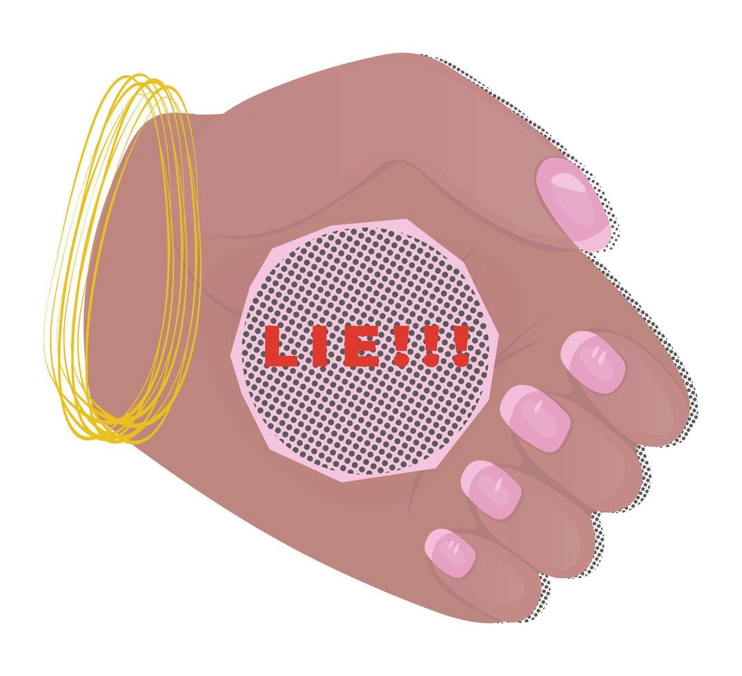 The symbol of lie, closed palm, fake news sign, color and halftone retro pop art, trendy y2k symbol of deception, retro sticker with newspaper effect, 90s grunge vintage illustration vector