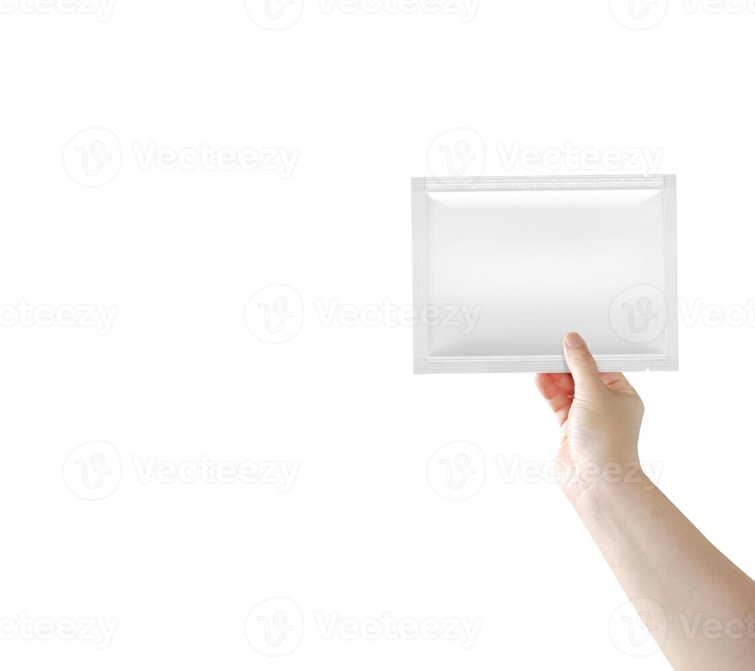 In hand holding a blank white packaging bag to display the product bag. photo