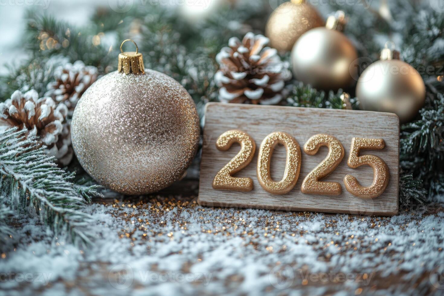 Sign with number 2025 written on it is surrounded by Christmas decorations photo