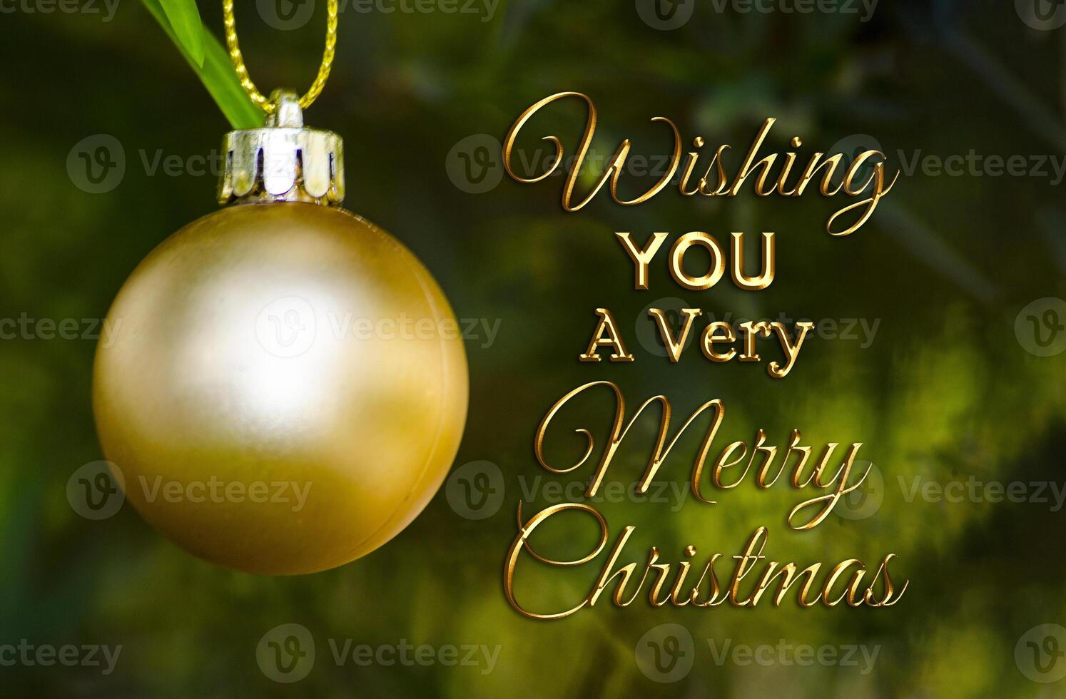 Golden Merry Christmas and Happy New Year wishes with Christmas ball background. Christmas celebration concept photo