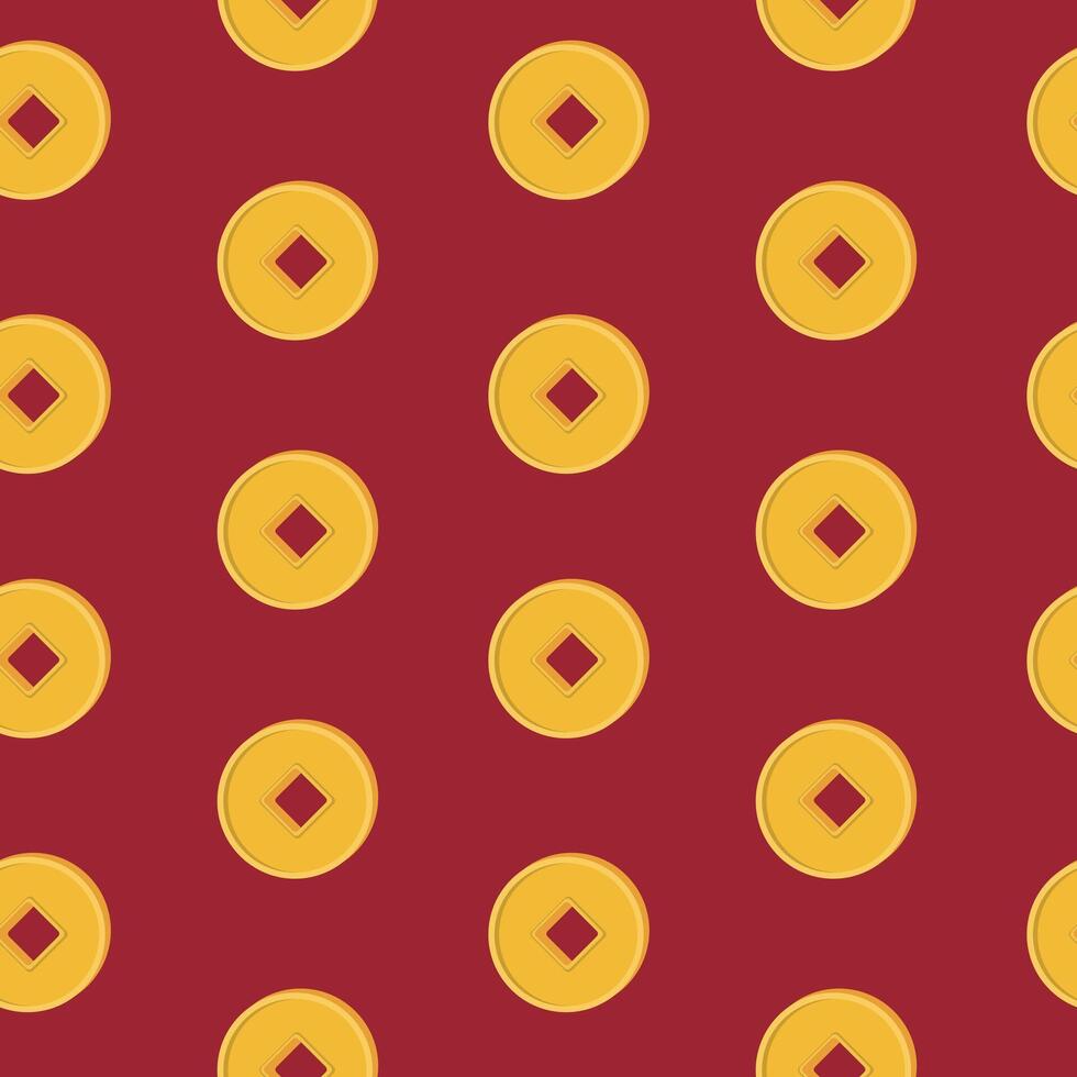 Chinese festive gold coins seamless pattern on red background. Feng Shui talismans Chinese coins. Wallpaper for Chinese New Year vector