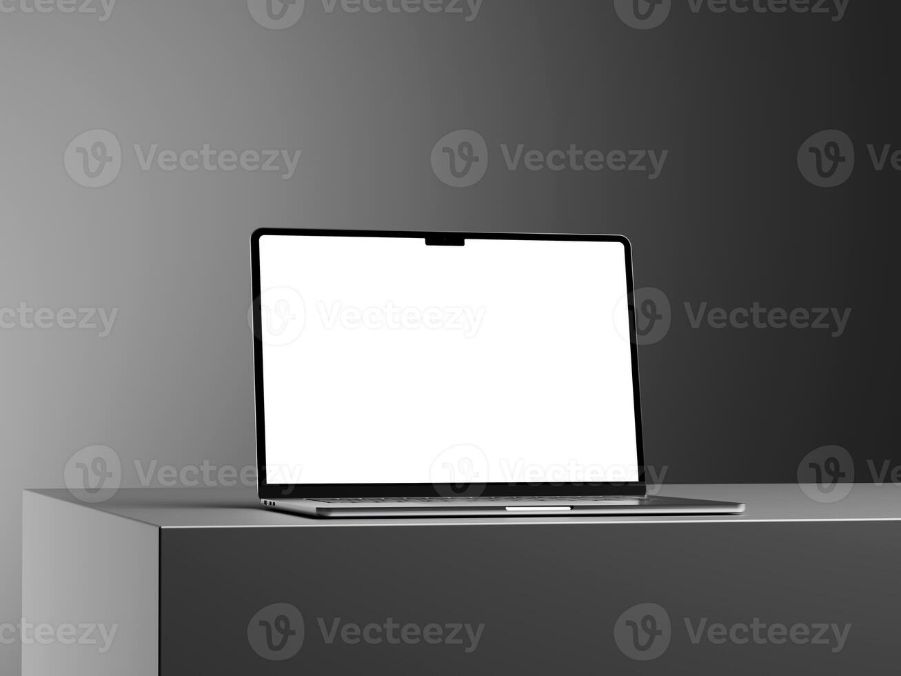 Realistic laptop mockup with blank screen on elegant grey black background photo