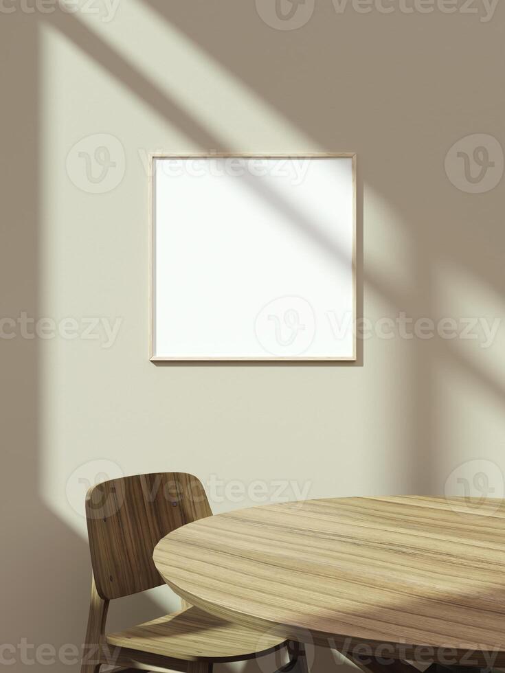 Empty framed canvas for mockups and art illustrations on interior background photo