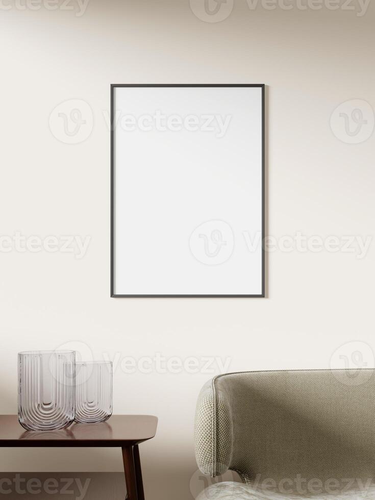Empty framed canvas for mockups and art illustrations on interior background photo
