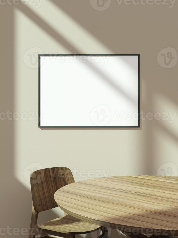 Empty framed canvas for mockups and art illustrations on interior background photo