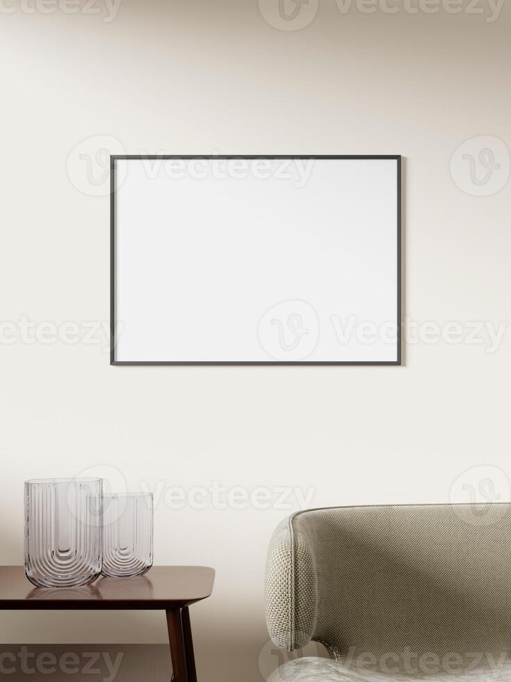 Empty framed canvas for mockups and art illustrations on interior background photo