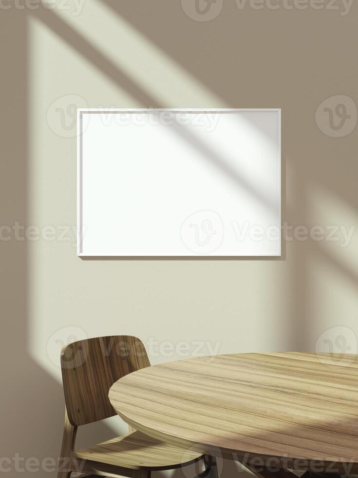 Empty framed canvas for mockups and art illustrations on interior background photo