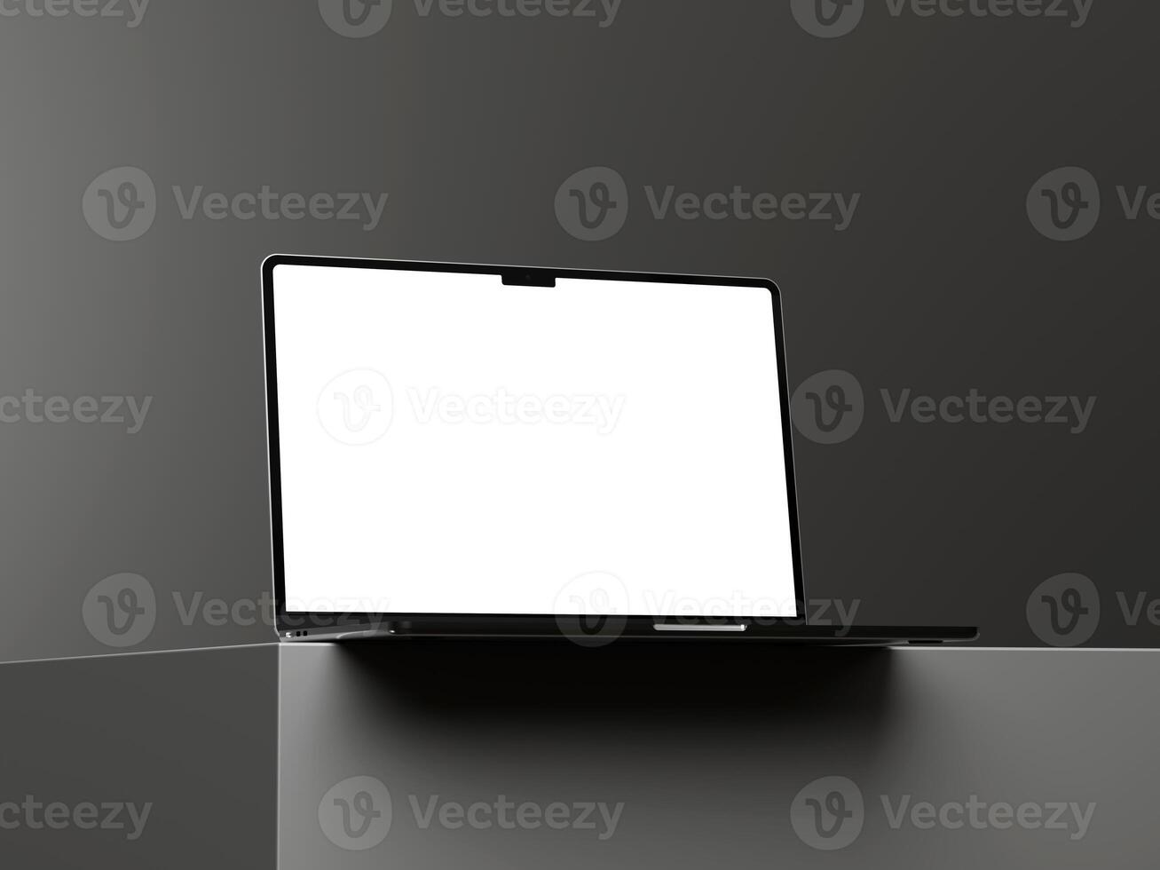 Realistic laptop mockup with blank screen on elegant grey black background photo