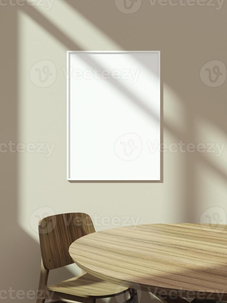 Empty framed canvas for mockups and art illustrations on interior background photo