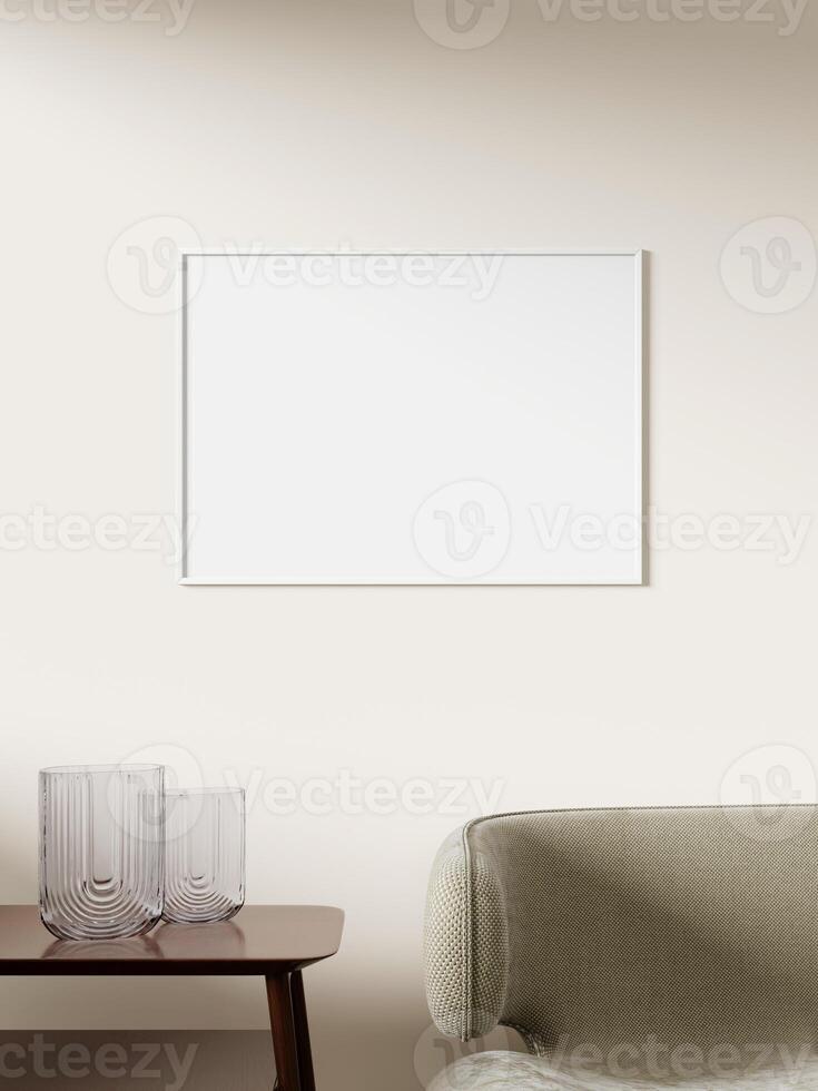 Empty framed canvas for mockups and art illustrations on interior background photo