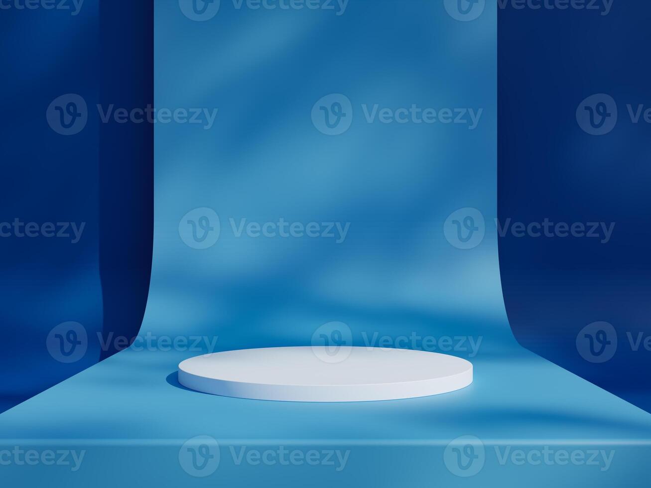 Blue podium mockup. 3d display stand, platform, pedestal, stage or scene with leaves shadows background. Studio, showroom or showcase cylinder podium, product presentation stand photo