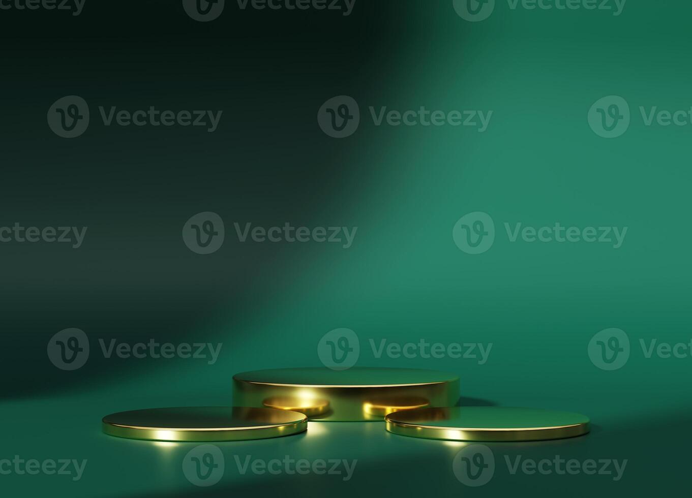 3d display product minimal scene with geometric gold podium platform. cylinder background 3d rendering with podium. stand for cosmetic products. Stage showcase on pedestal 3d green studio photo