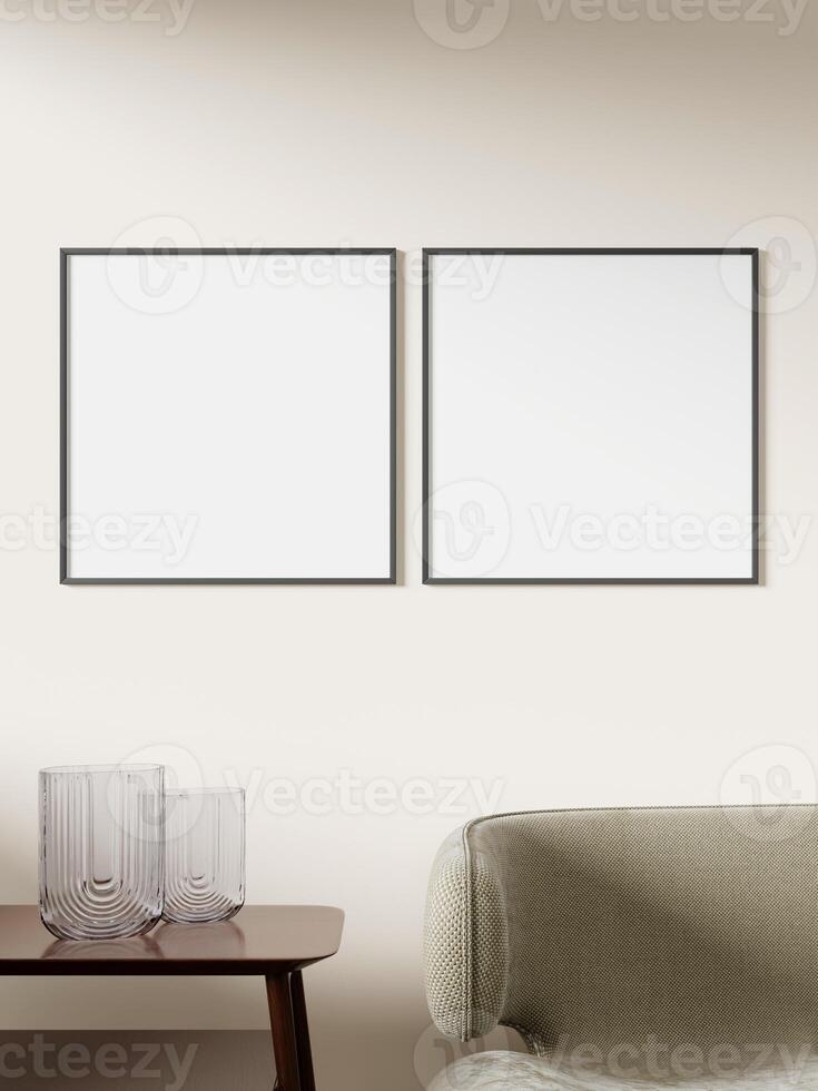 Empty framed canvas for mockups and art illustrations on interior background photo
