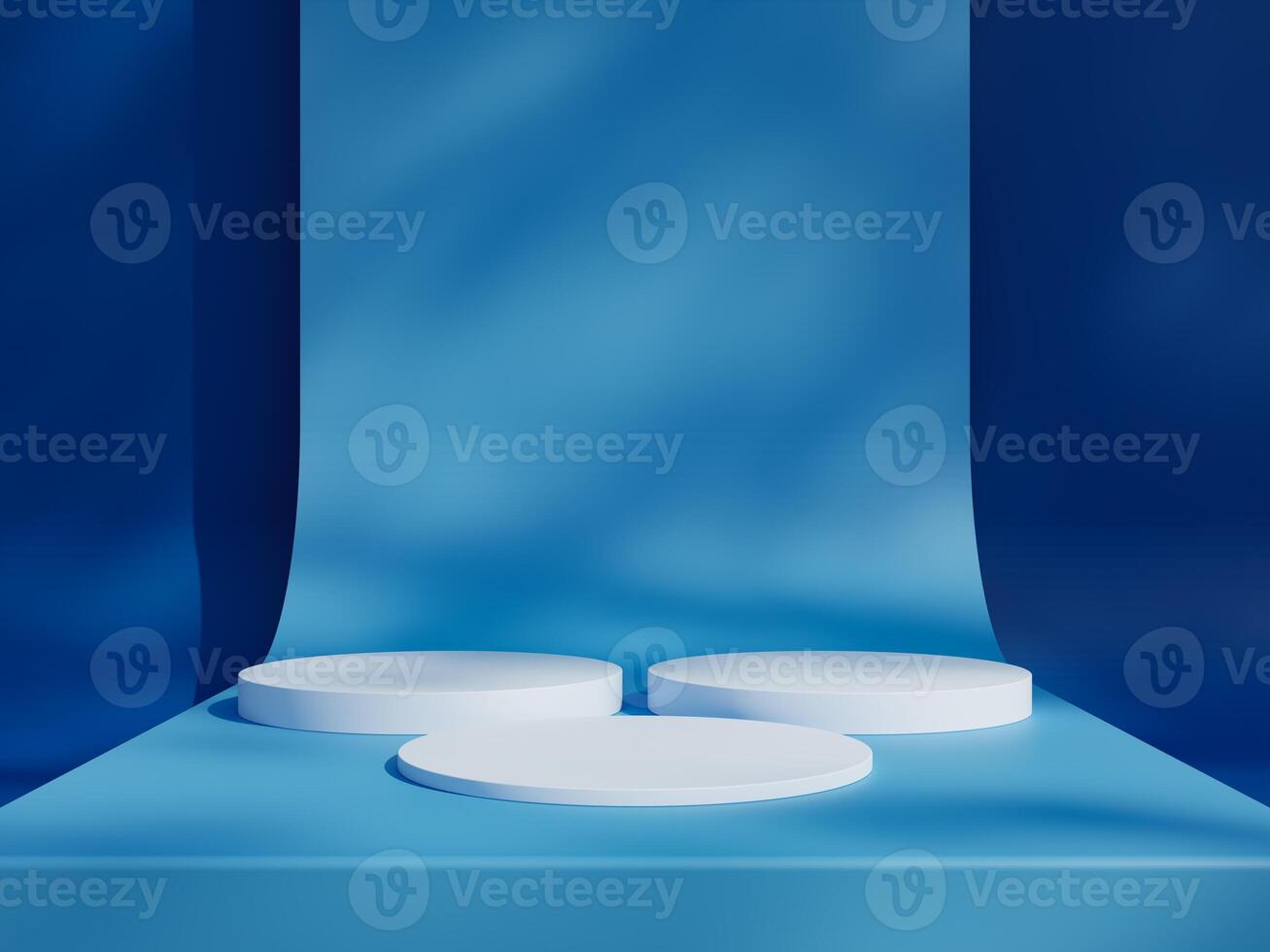 Blue podium mockup. 3d display stand, platform, pedestal, stage or scene with leaves shadows background. Studio, showroom or showcase cylinder podium, product presentation stand photo