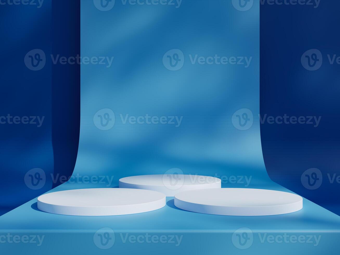 Blue podium mockup. 3d display stand, platform, pedestal, stage or scene with leaves shadows background. Studio, showroom or showcase cylinder podium, product presentation stand photo