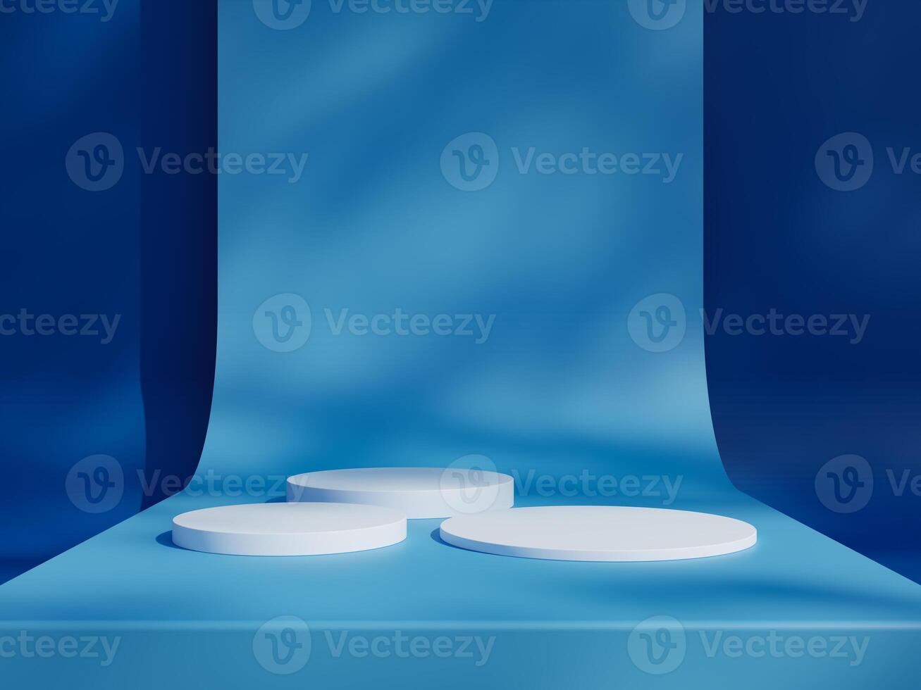 Blue podium mockup. 3d display stand, platform, pedestal, stage or scene with leaves shadows background. Studio, showroom or showcase cylinder podium, product presentation stand photo