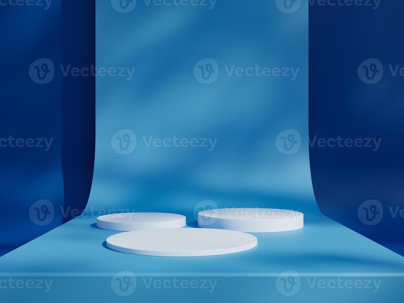 Blue podium mockup. 3d display stand, platform, pedestal, stage or scene with leaves shadows background. Studio, showroom or showcase cylinder podium, product presentation stand photo